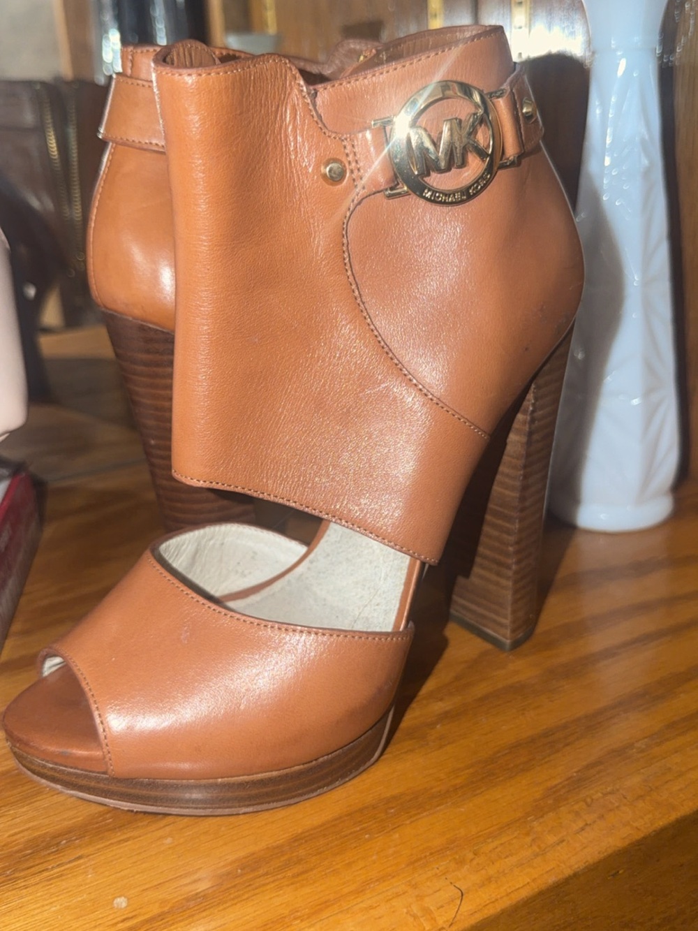 Michael Kors Cognac Leather Peep-Toe High Heel Booties